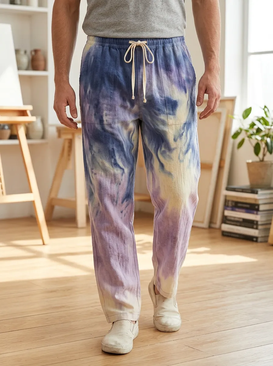 Men's Casual Style Blue Purple Tie-Dye Printed Lounge Pants