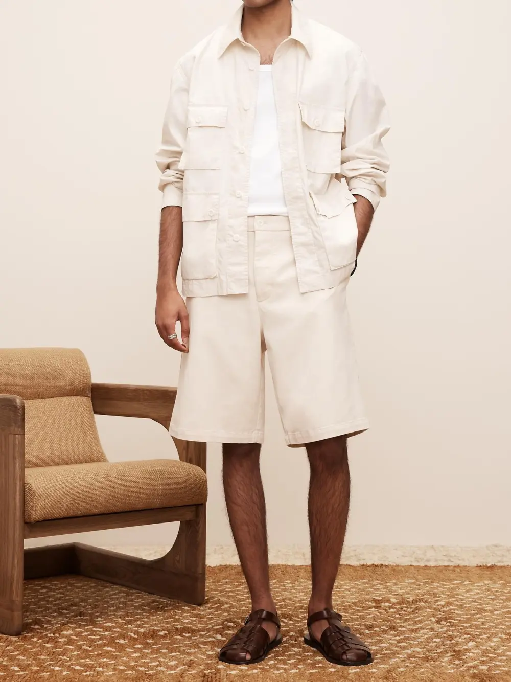 Men's Off-White Cotton Shirt Jacket