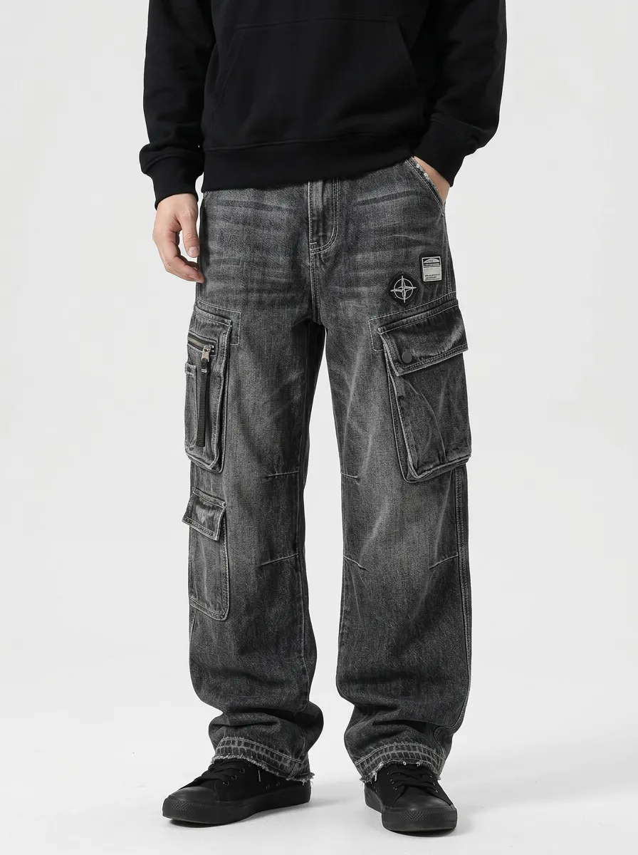Men's Streetwear Compass Patch Washed Denim Cargo Pants