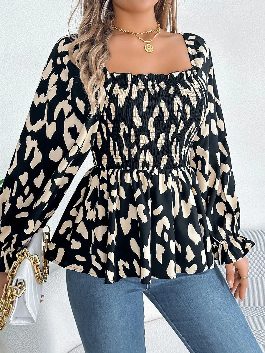 Long Sleeve Puff Sleeve Leopard Pleat Detail Ruffle Square Neck T-Shirt