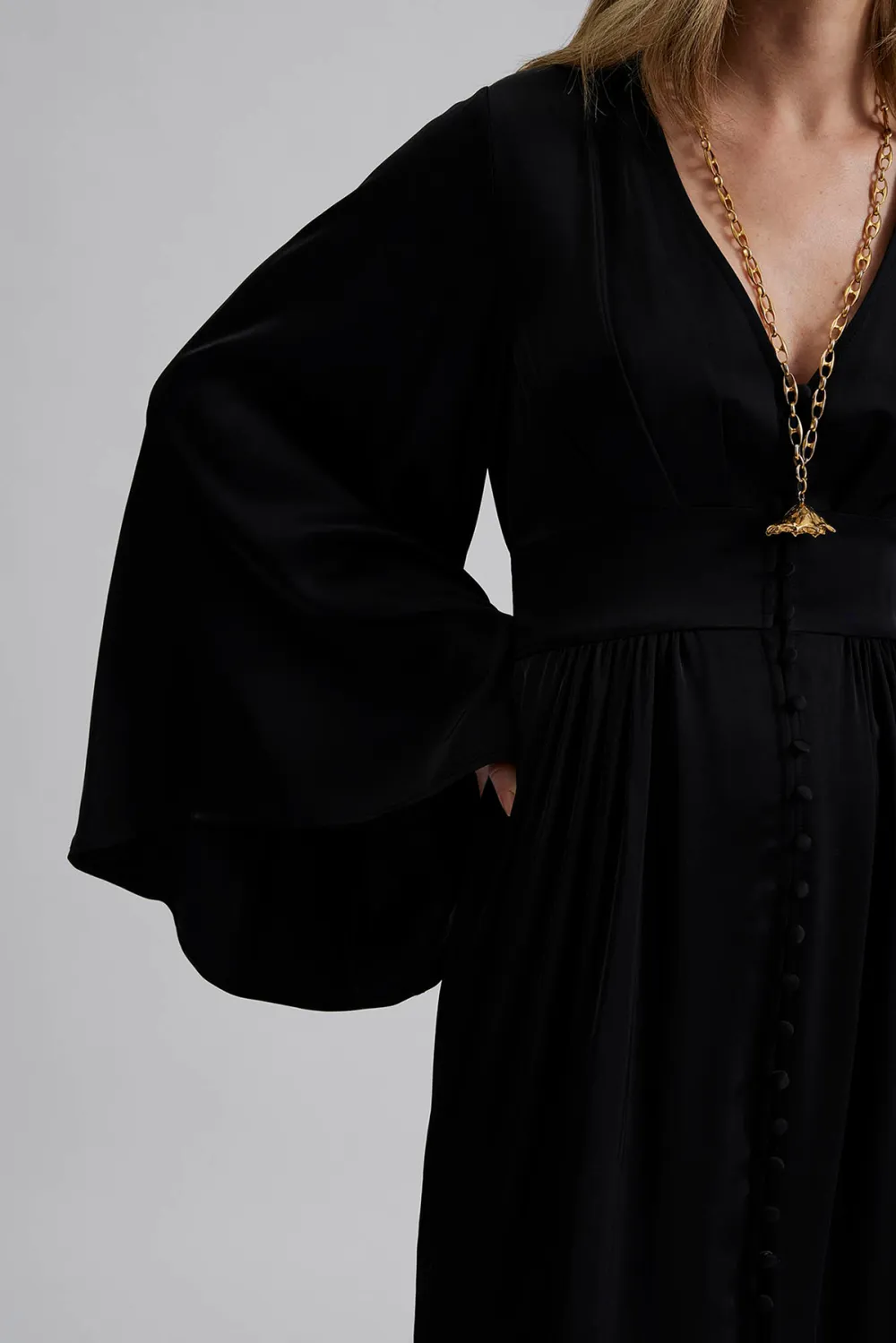 V Neck Button Front Midi Dress