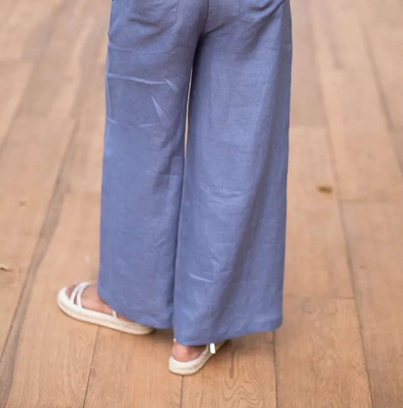 Wildflower Blue Linen Matching Set with V-Neck Top & Wide-Leg Pants