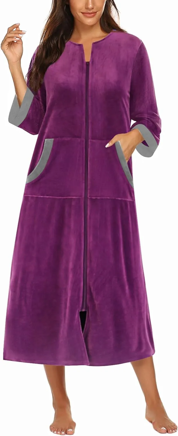 50% OFF Women Zipper Robe 3/4 Sleeves Loungewear Dress Full Length Sleepwear Pockets Housecoat Nightgown Long Bathrobe