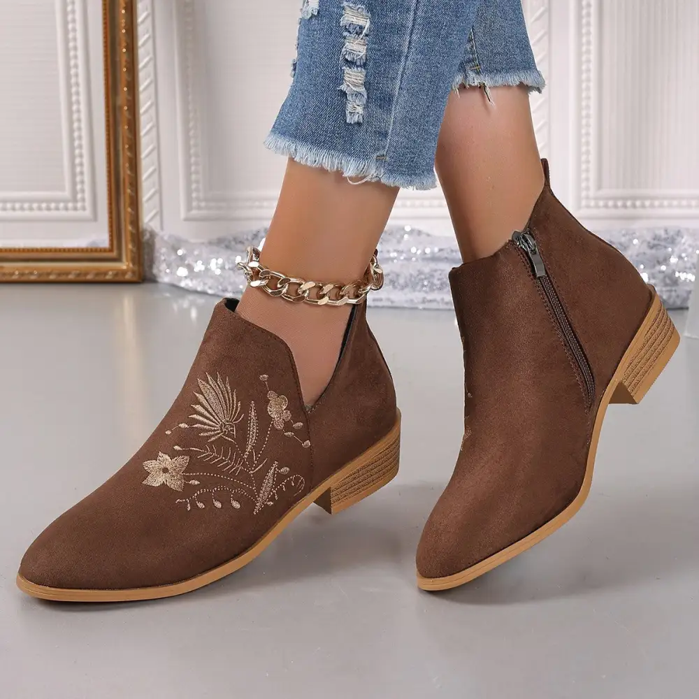 Embroidered Suede Pointed Toe Block Heel Boots
