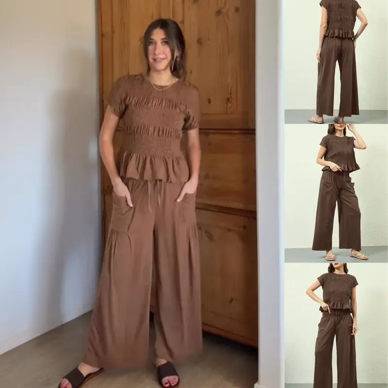 Women's two-piece set: pleated top and wide-leg pants