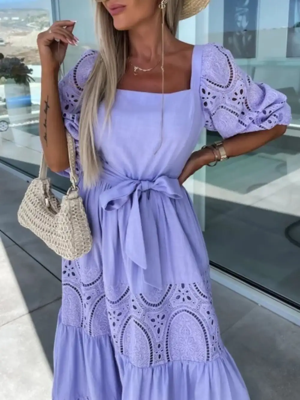Lace Tie Waist Ruffle Maxi Dress