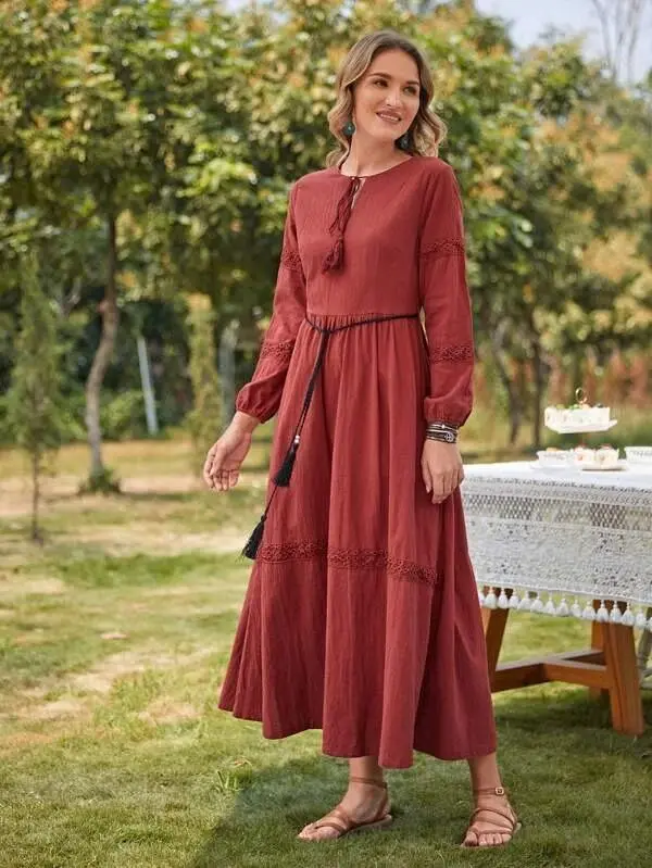 Luludress 2025 Tie Neck Lace Insert Belted Dress