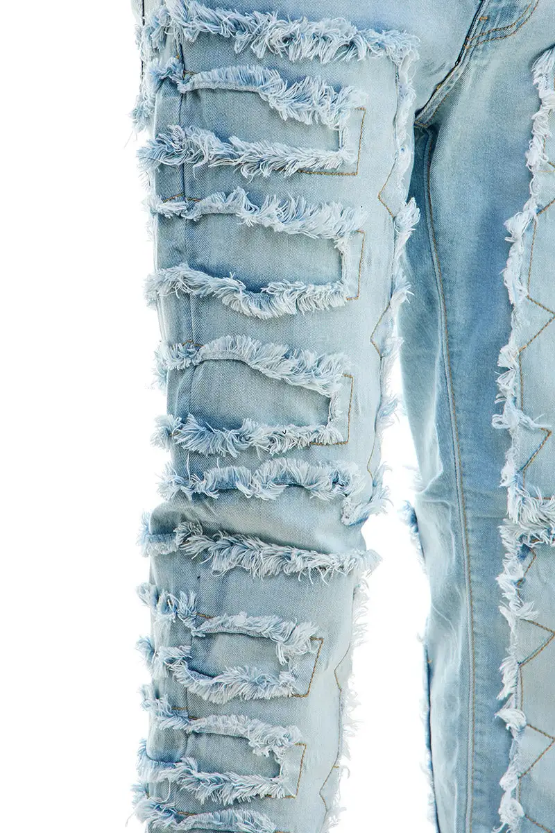 Men's Skinny Raw Hem Patchwork Jeans