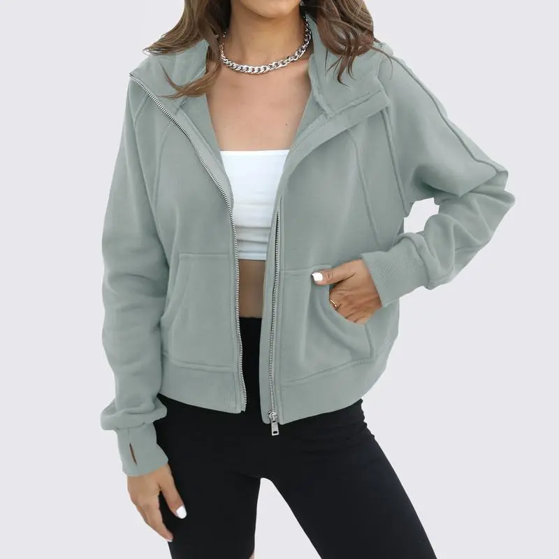 Womens Zip Up Sweatshirts Fleece Lined Collar Crop Hoodie Casual Cotton Long Sleeve Tops with Thumb Hole
