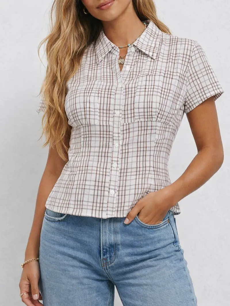 Chic Checked Button Down Short Sleeves Shirt