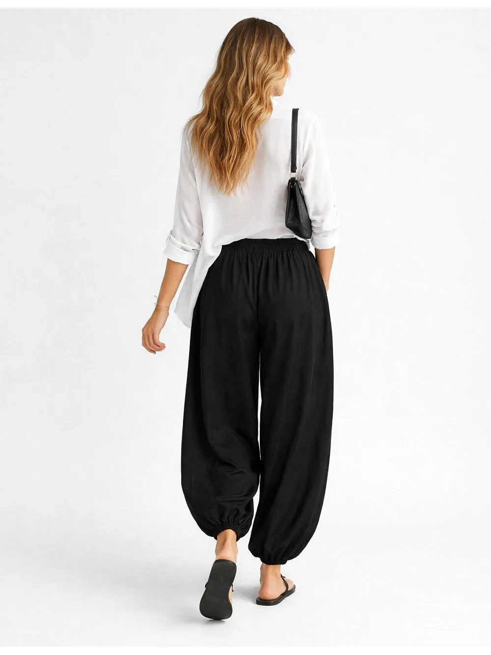 Solid Color Elastic Waist Drawstring Lantern Pants