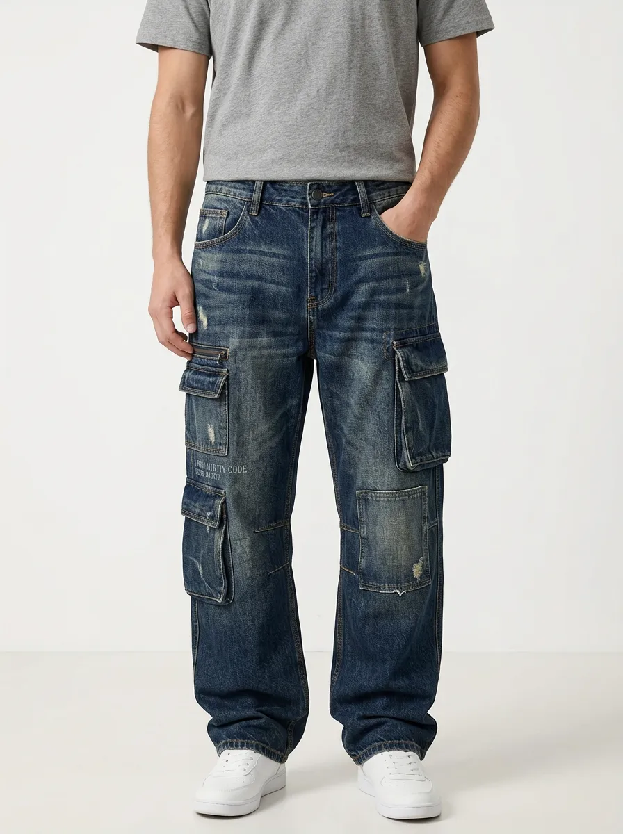 Men's Distressed Denim Utility Code Printed Cargo Pants