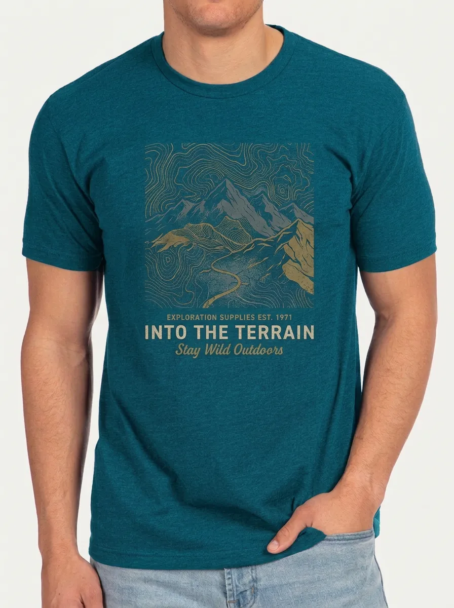 Men's Crewneck Waypoint Trail Outdoor Adventure Mountain Topographic Graphic T-Shirt