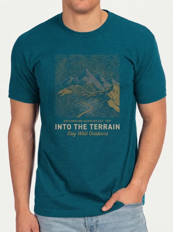 Men's Crewneck Waypoint Trail Outdoor Adventure Mountain Topographic Graphic T-Shirt