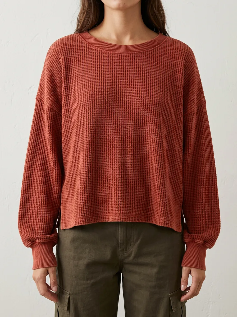 Women's Rust Waffle Knit Long Sleeve Crewneck Top