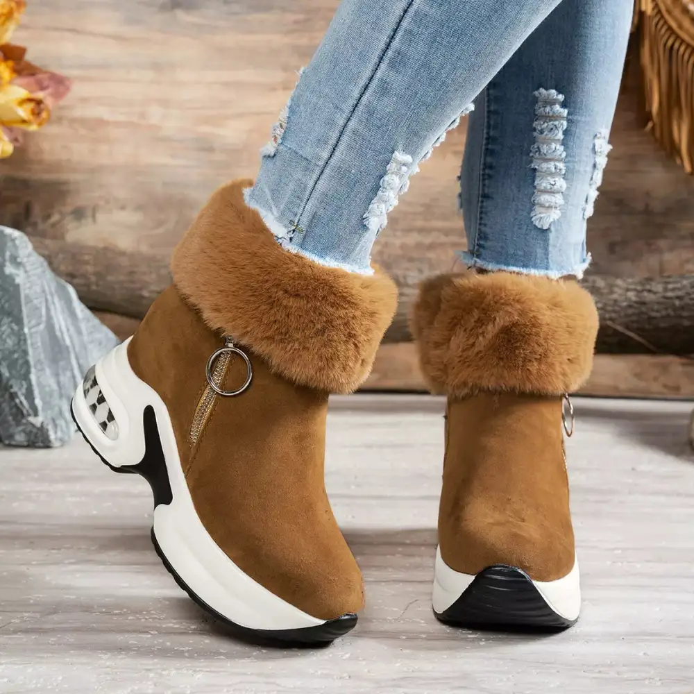 Fuzzy Side Zipper Platform Ankle Boots