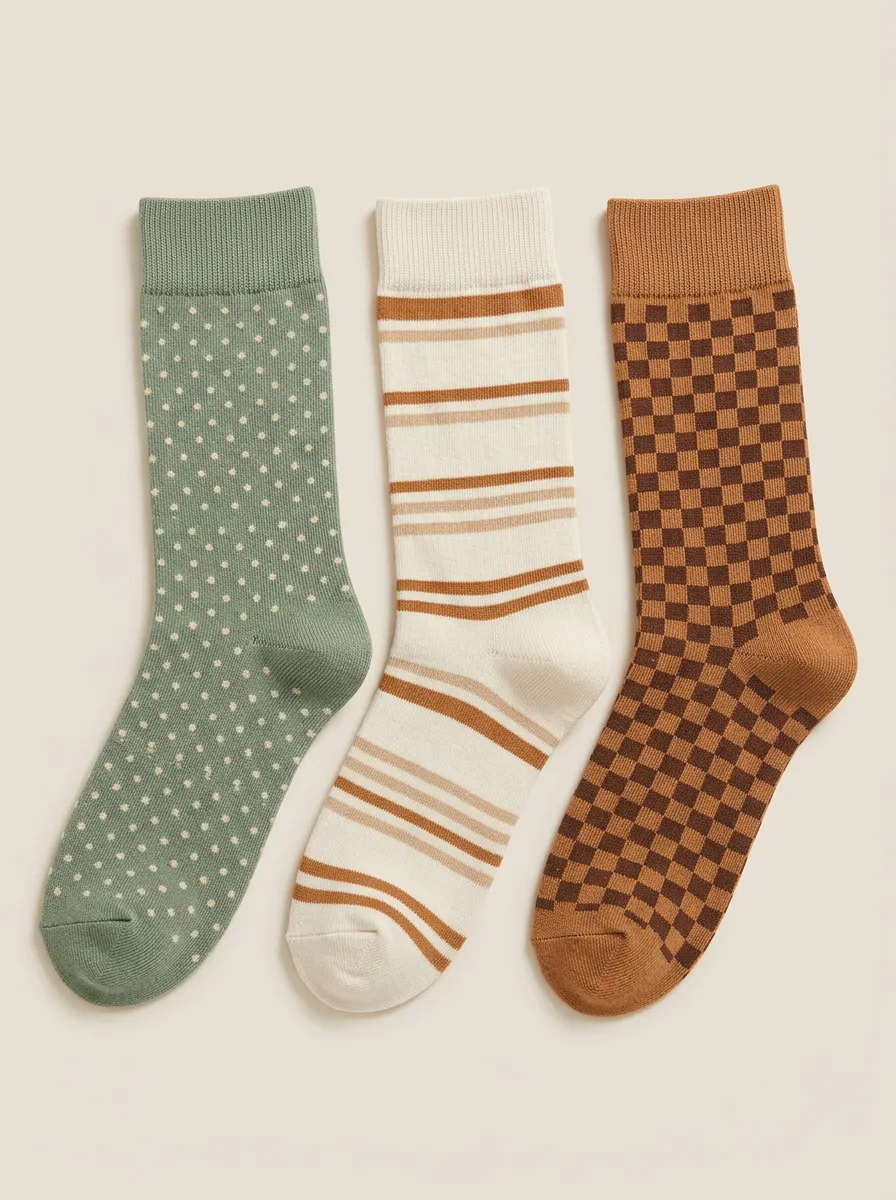 Classic Polka Dot Striped Checkerboard Three Pair Sock Set