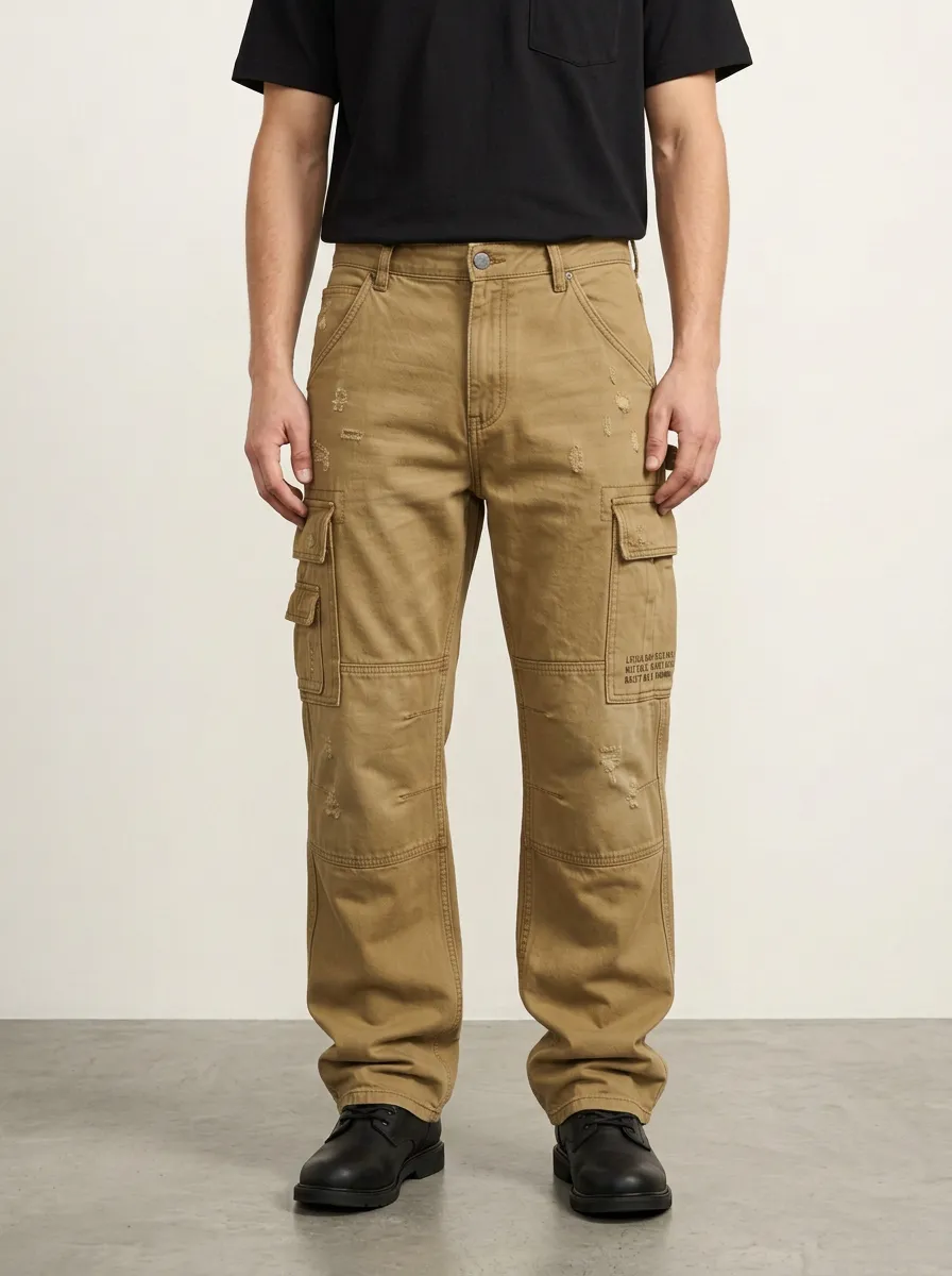 Men's Distressed Denim Cargo Pants Multi-Pocket Workwear Trousers