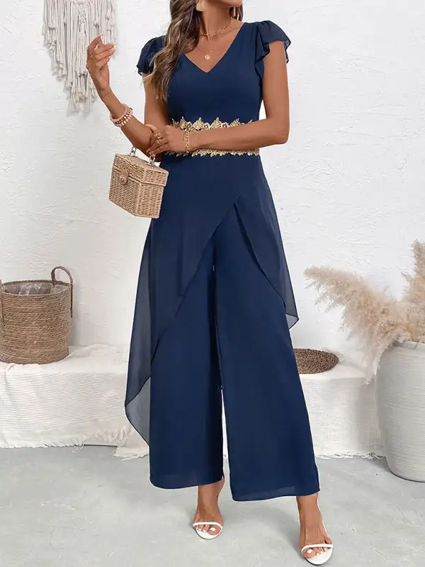 Casual Simple Elegant Lace Splicing V Jumpsuit