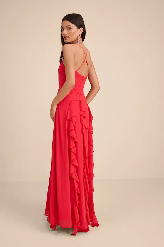 Astraea Red Surplice Ruffled Maxi Dress