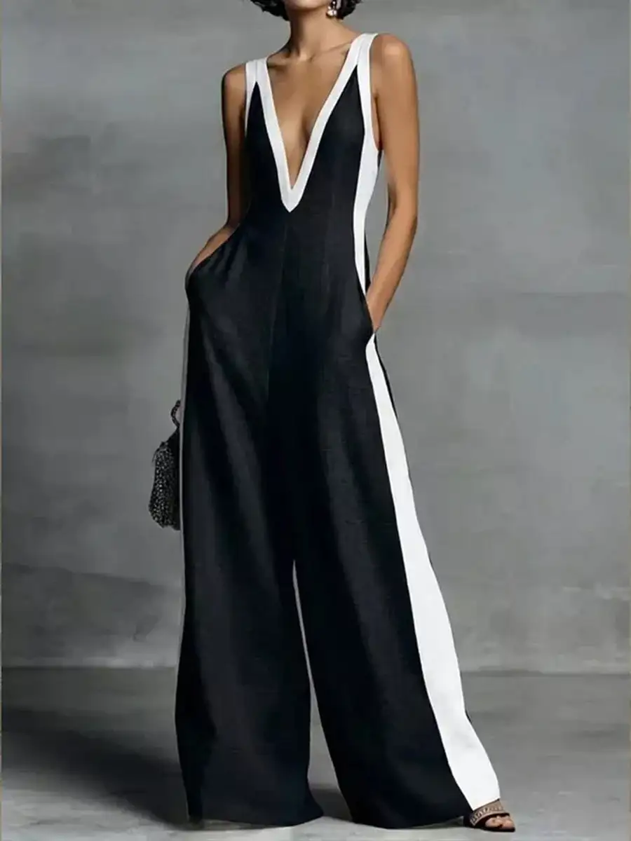 Jumpsuits Met Hoge Taille Losse Contrasterende Kleuren Zakken
