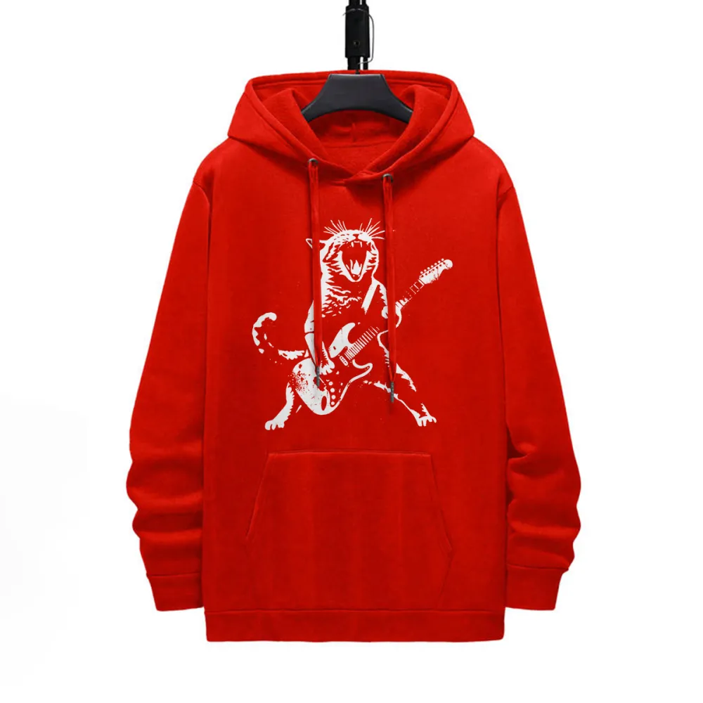 Cat Playing Guitar Pattern Printed Hoodie