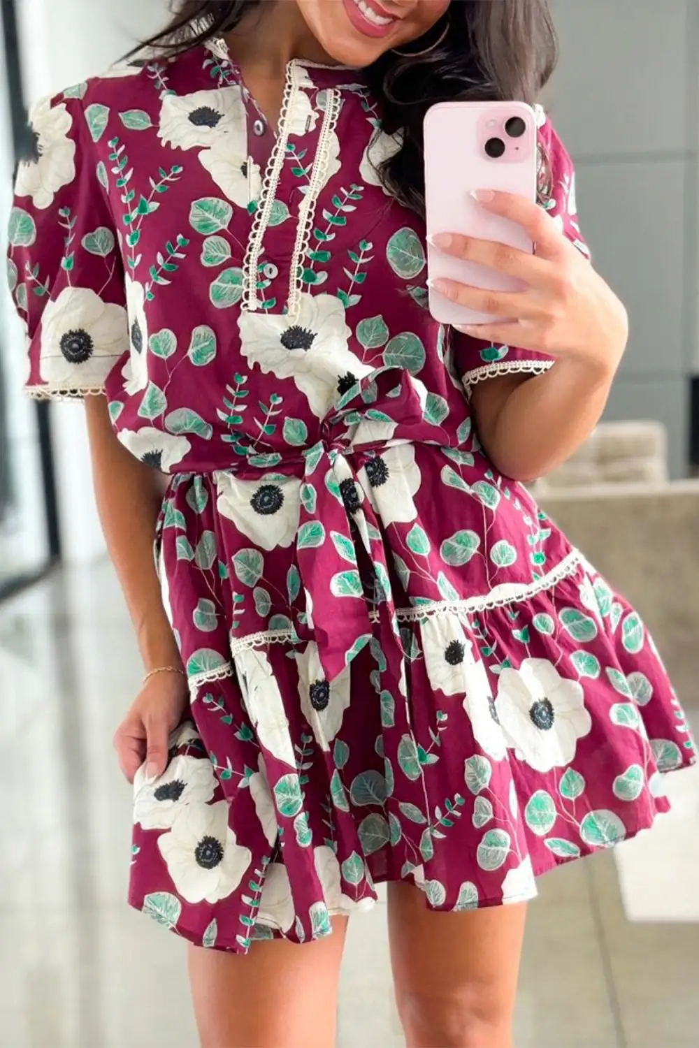 Gathered Detail Floral Printed Puff Sleeve Mini Dress