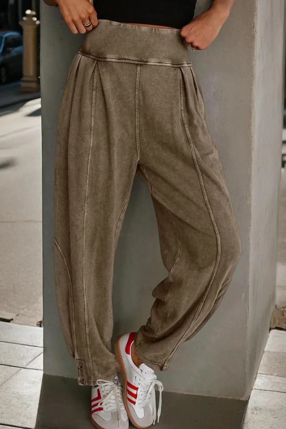 High-Waist High-Rise Relaxed-Fit Smocked-Waist Jogger Pants