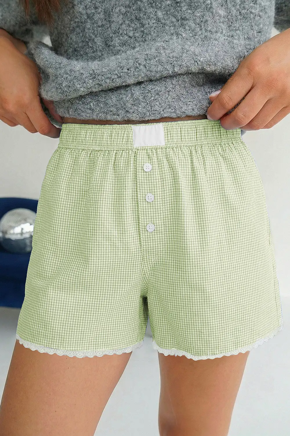 Lace Trim Gingham Plaid Boxer Shorts