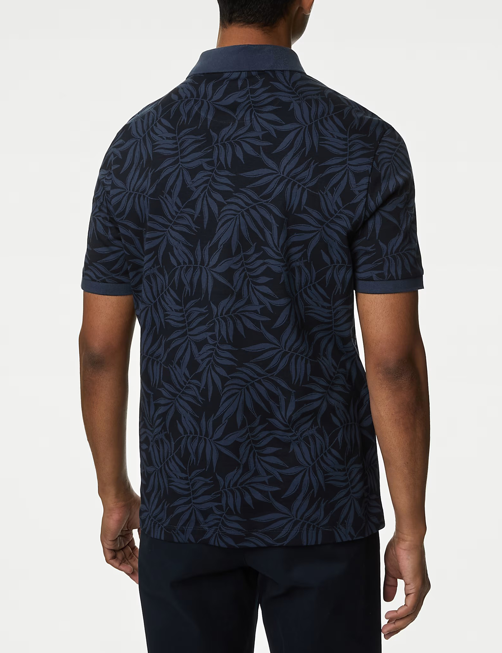 Navy Leaf Print Pure Cotton Polo Shirt