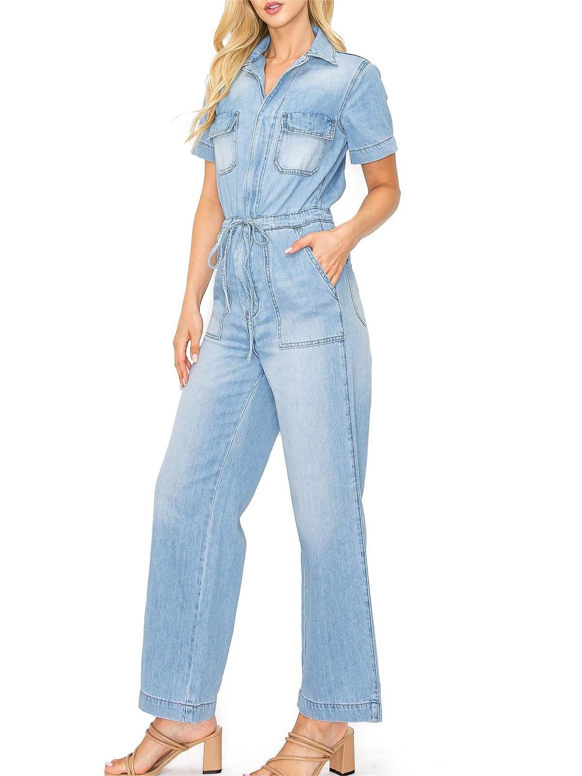 Light Wash Denim Short - Sleeve Jumpsuit