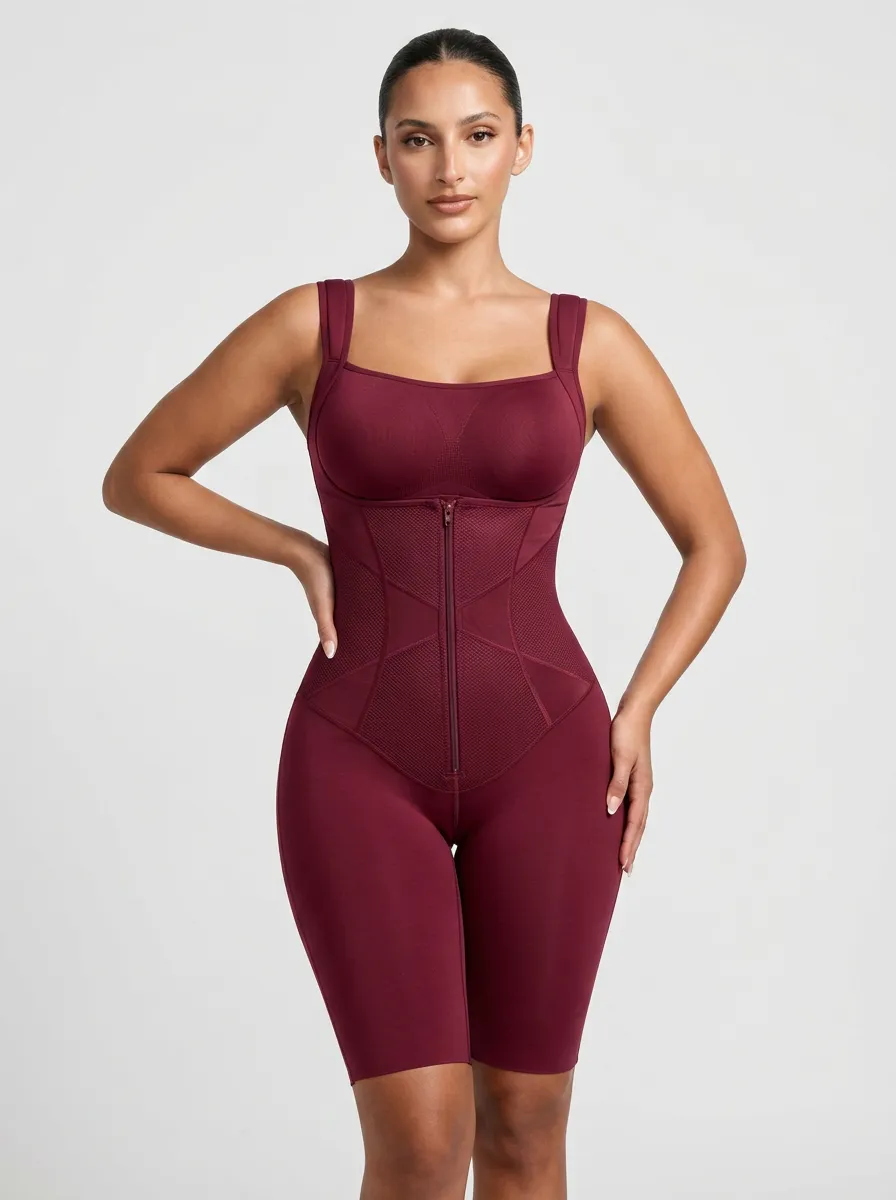 Women's Burgundy Zipper Front Tummy Control Sculpting Bodysuit