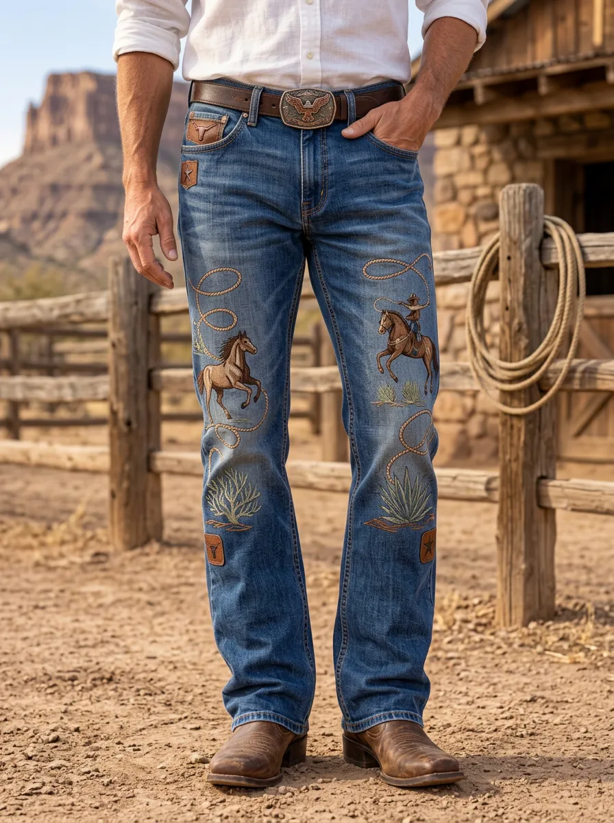Men's Frontier Inspired Western Cowboy Horse Lasso Jeans