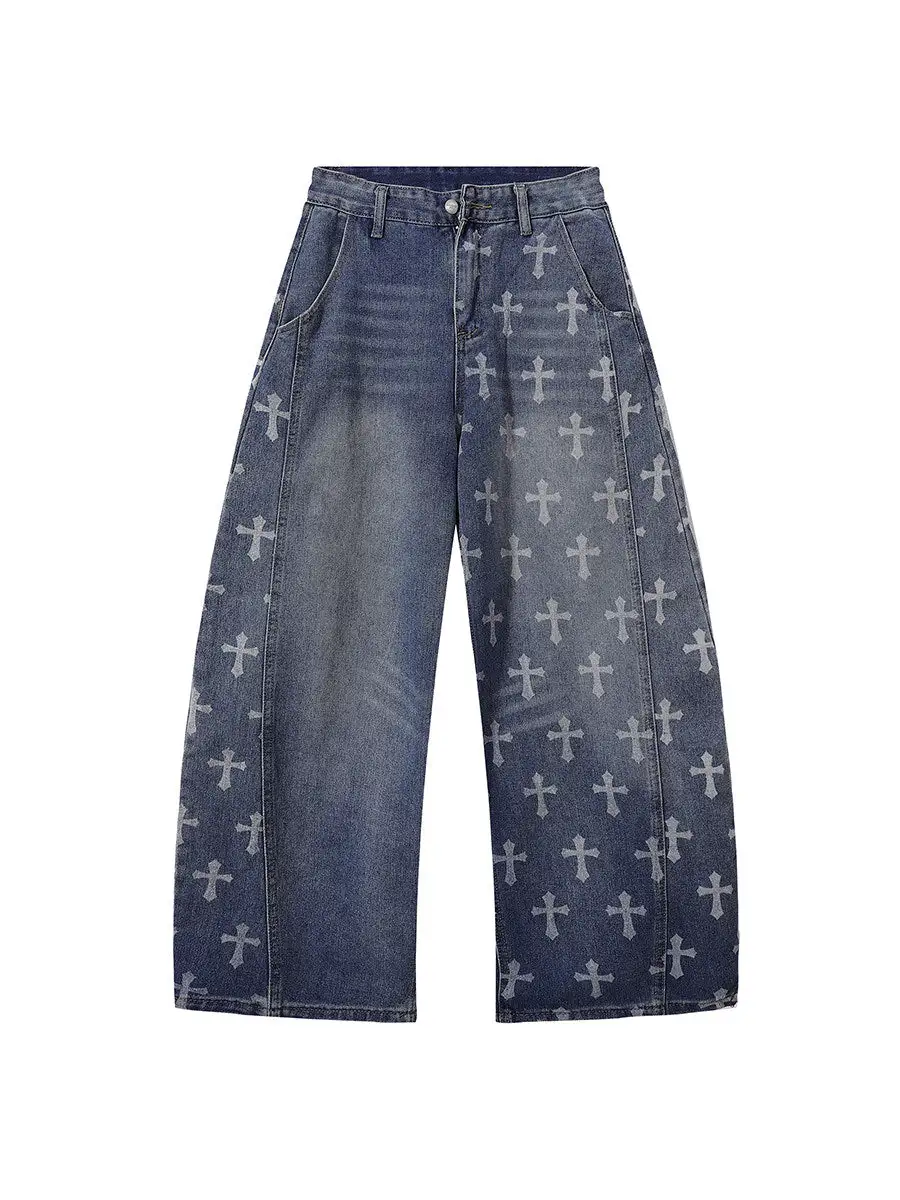 Wide-Leg Washed Graphic-Print Jeans