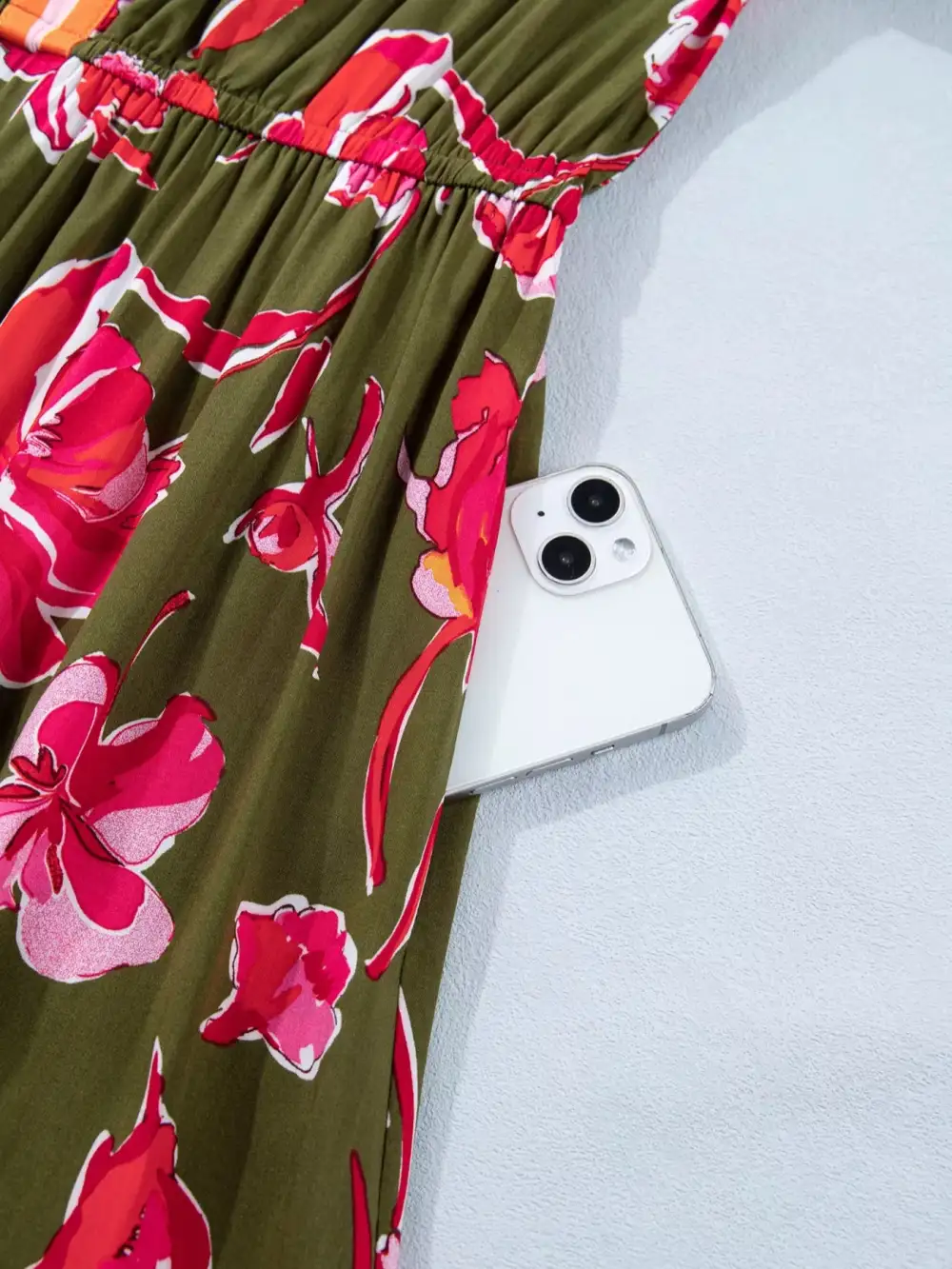 Gathered Detail Floral Printed Split Neck Dress