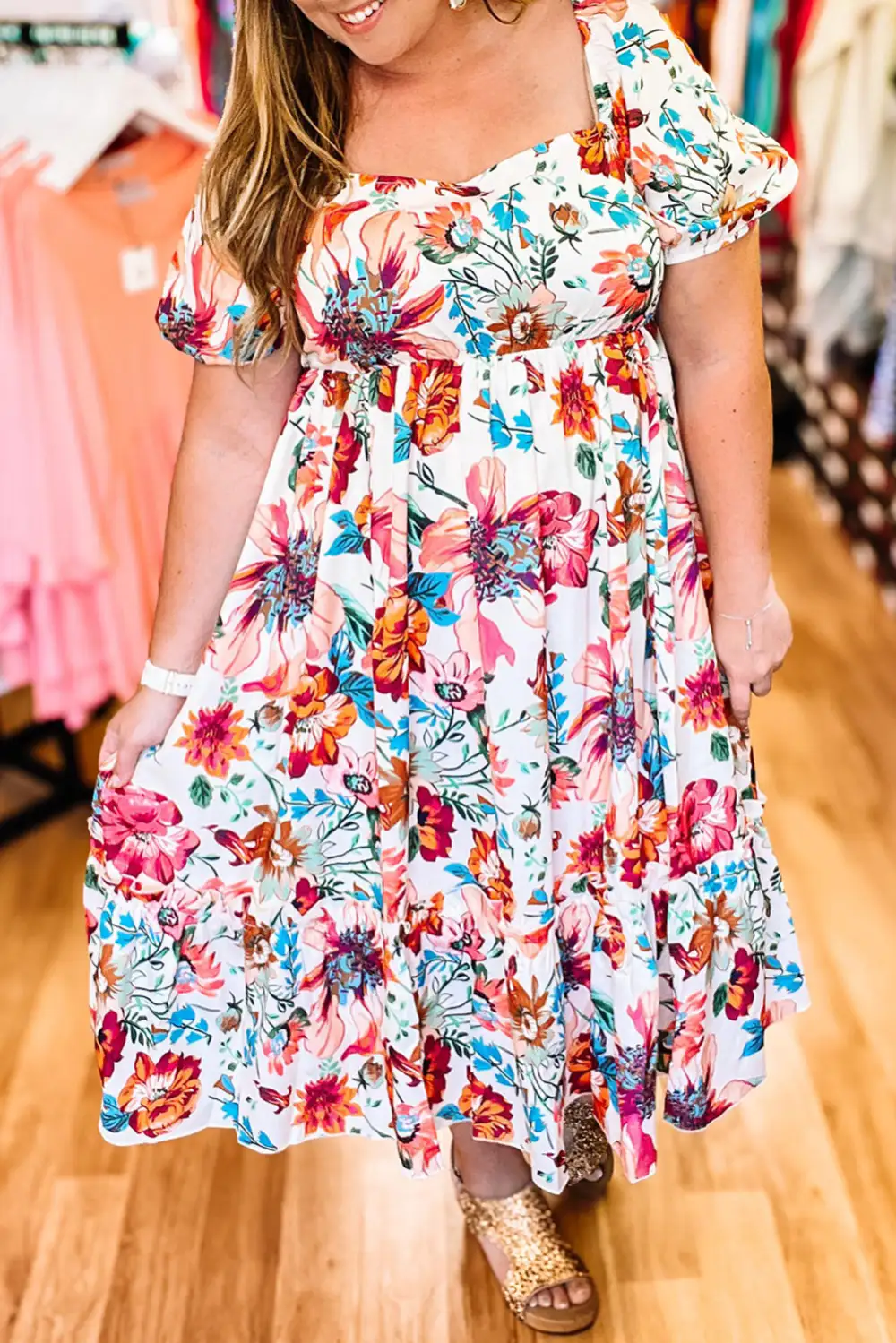 Floral Square Neck Puff Sleeve Midi Dress