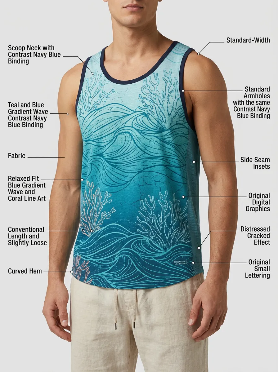 Men's Ocean Lover Blue Gradient Wave Coral Printed Tank Top
