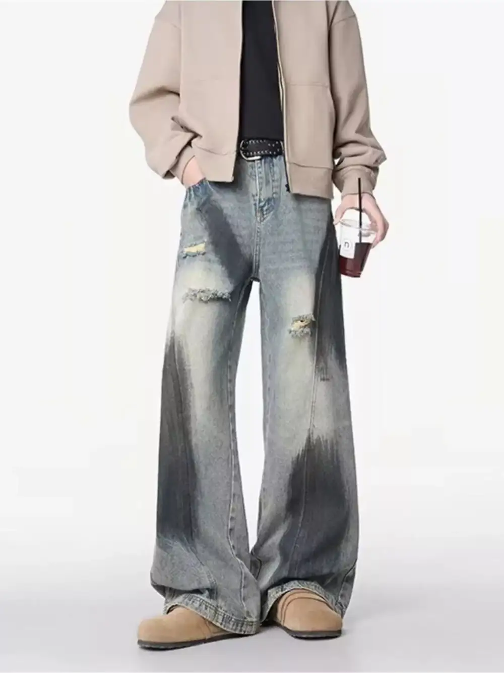Men's Plus Size Distressed Wide Leg Jeans