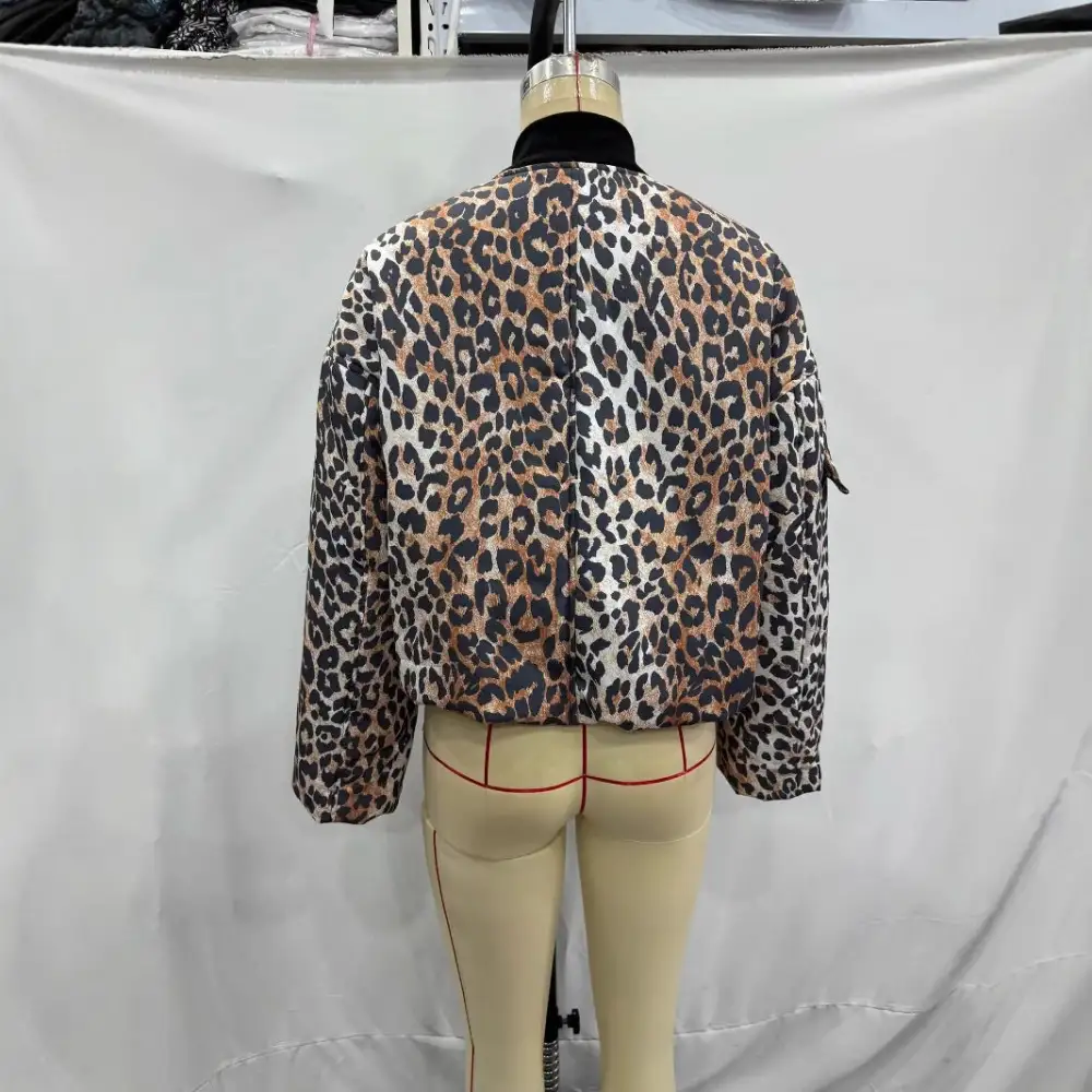Cropped Leopard Print Zip Front Utility Pocket Bomber Jacket