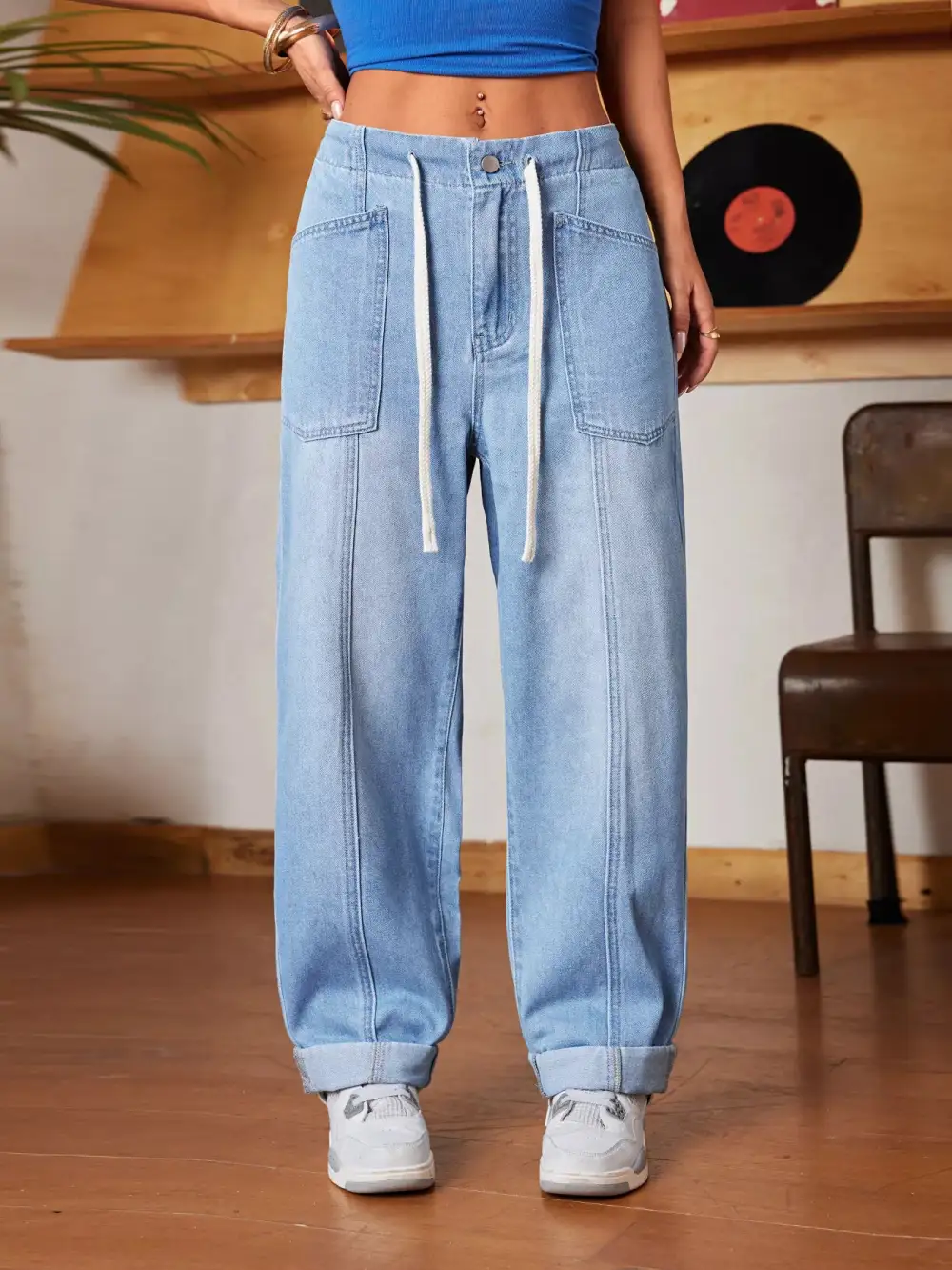 Contoured Wide Leg Drawstring Denim Jeans
