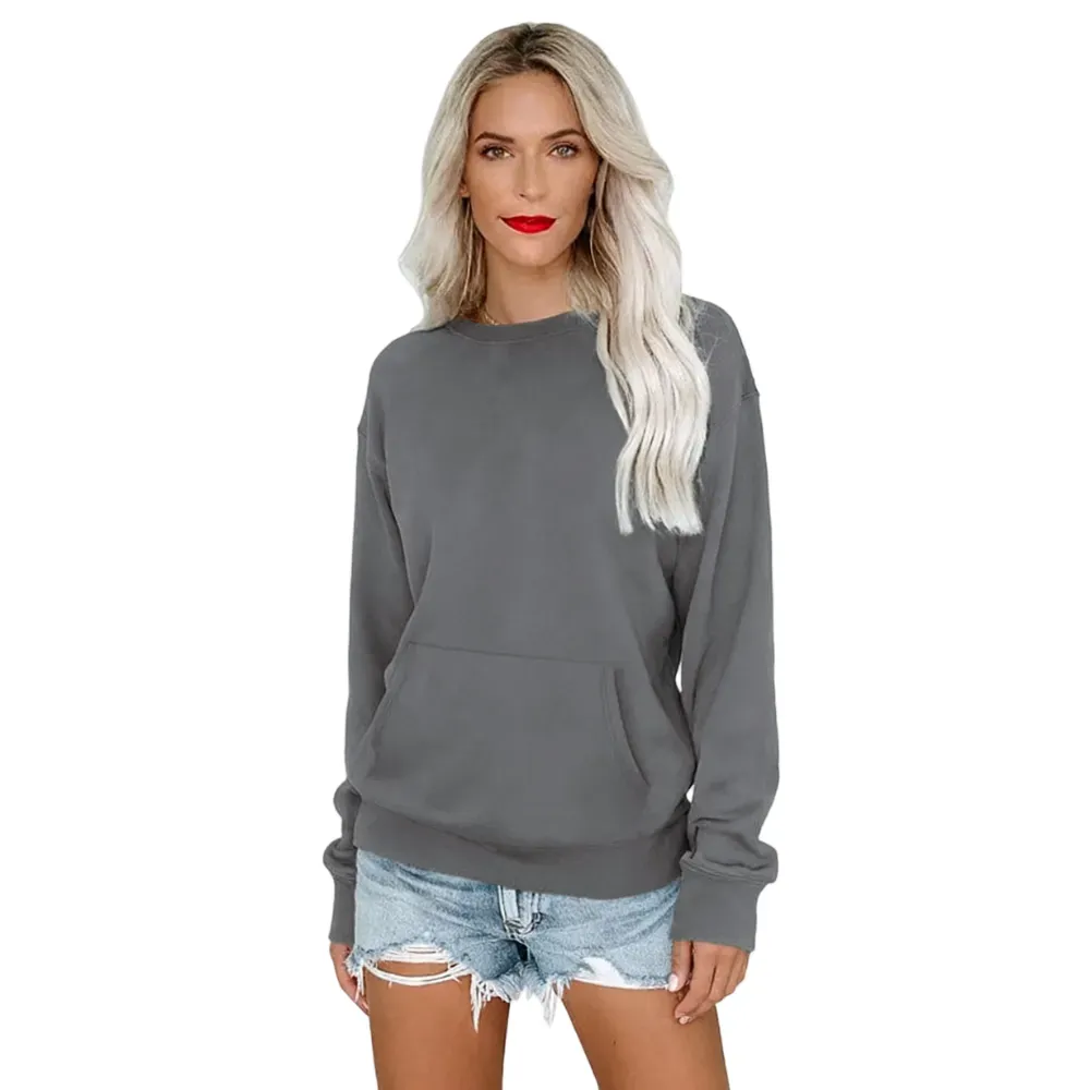 Women's Crewneck Hoodless Sweatshirt With Kangaroo Pocket Fleece Longsleeve Oversized Casual Style Shirt Lightweight Pullover