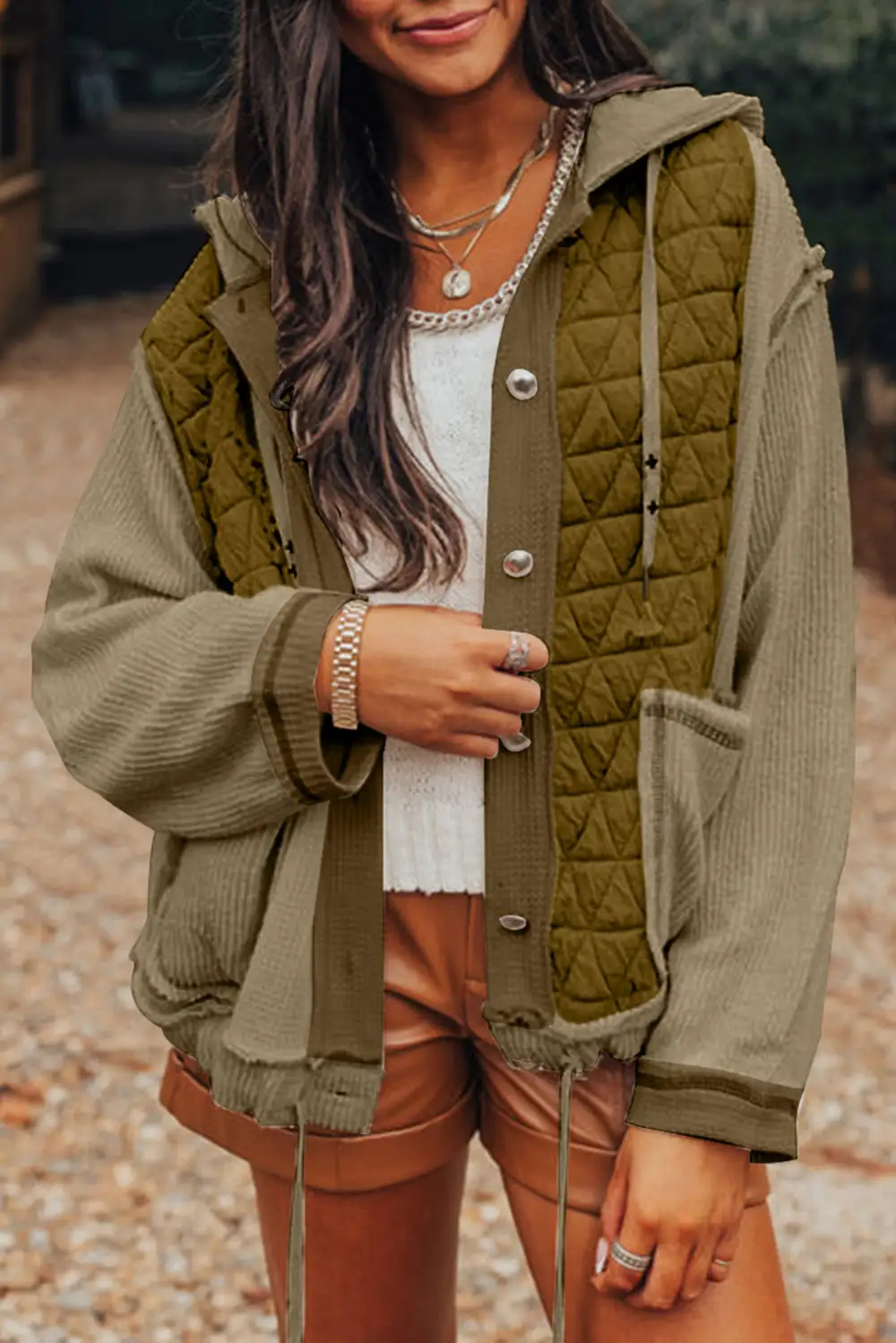 Jungle Quilted Textured Patchwork Loose Fit Hooded Jacket