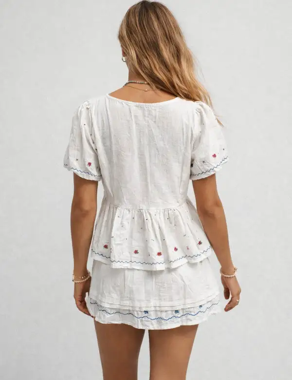 Boho Embroidery Short Sleeves Blouse Skirt Set
