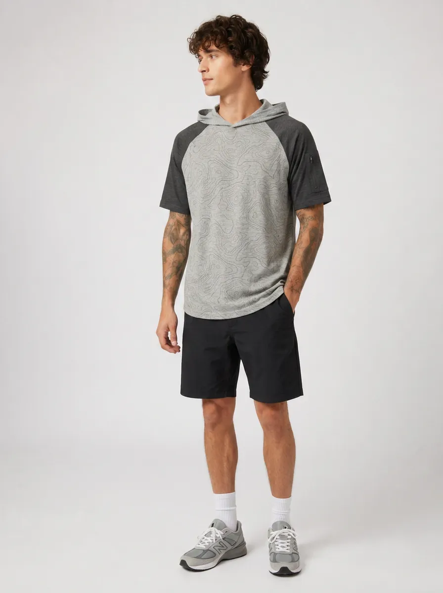Men's Hiking Topographic Raglan Sleeve-Pocket Short Sleeve Hoodie