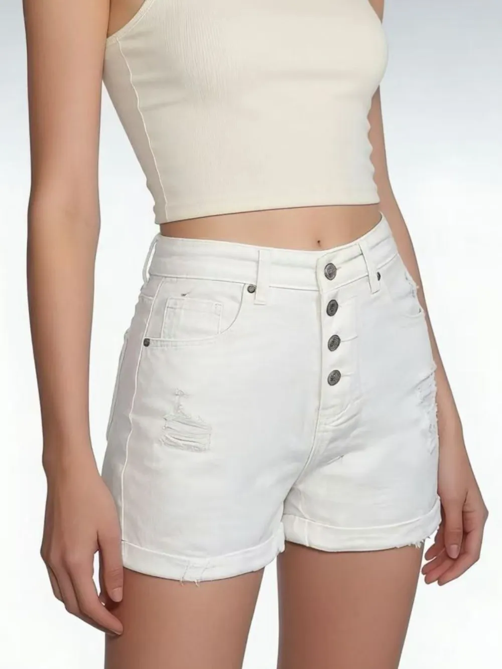 Casual Buttoned Raw Hem Distressed High Waist Shorts