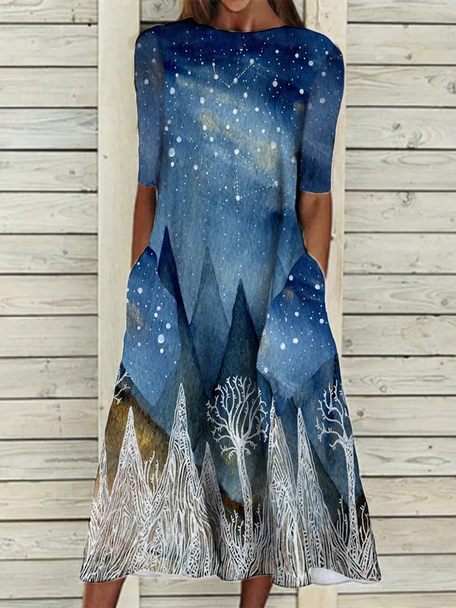 Casual Loose Landscape Print Short-sleeved Midi Dress