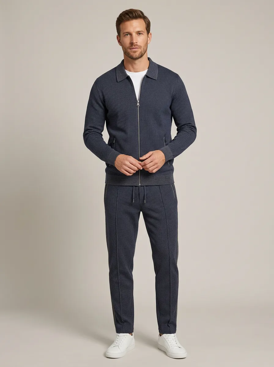 Men's Classic Houndstooth Zip-Up Polo Collar Jacket and Jogger Pants Set