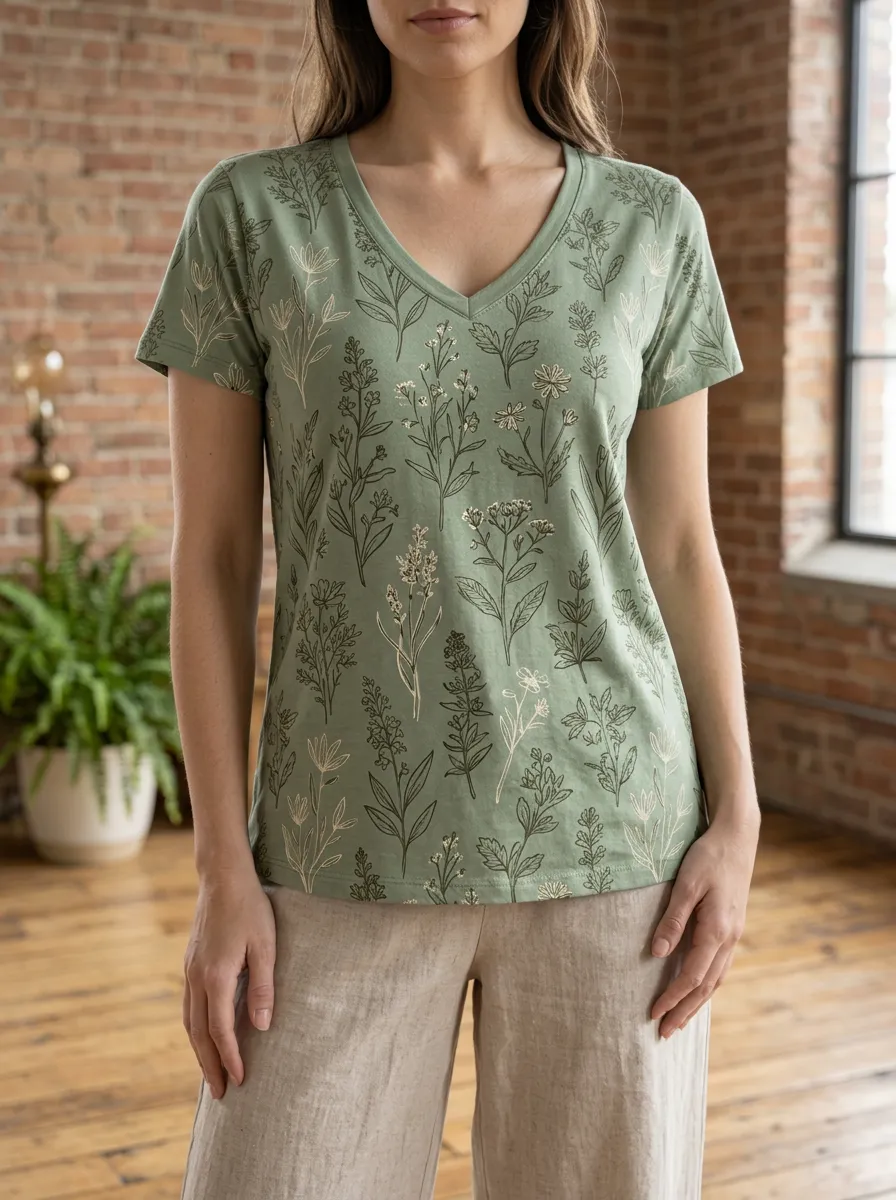 Women's Forest Botanical Nature Lover Wildflower V-Neck T-Shirt
