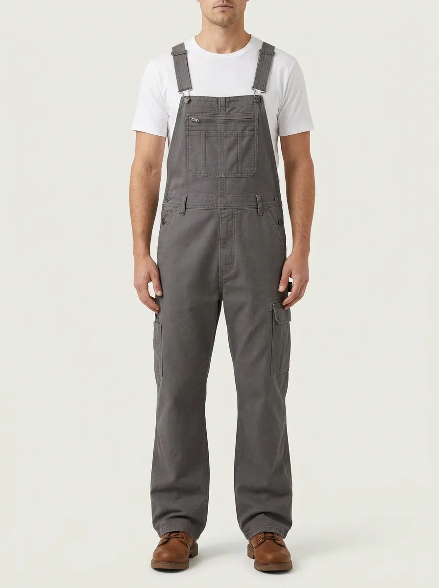 Men's Casual Grey Multi-Pocket Straight-Leg Overalls