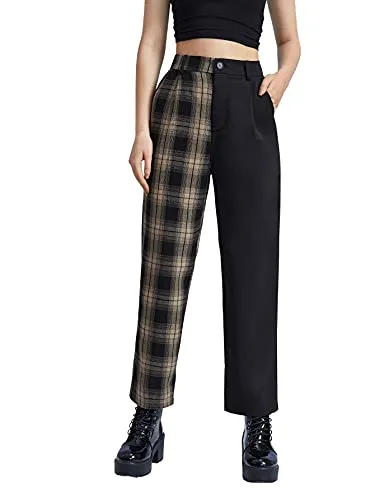 Women's Tartan Plaid Mid Waist Straight Pants
